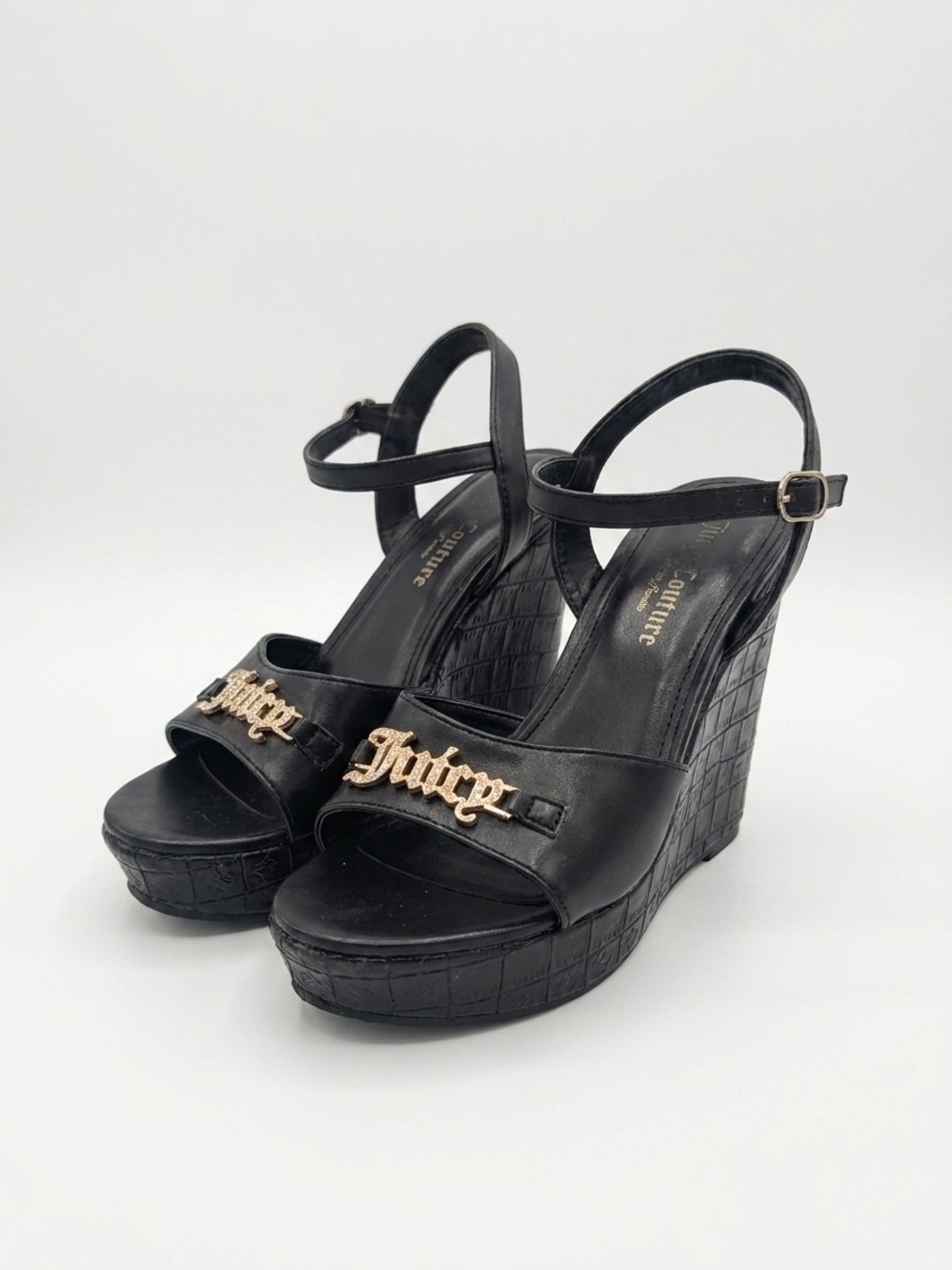 Juicy Couture Black Platform Wedge Sandals with Logo Accent